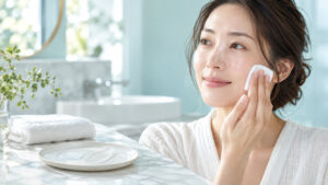 女性がコットンで肌を整え、水分とクリームの組み合わせをイメージしたケア風景