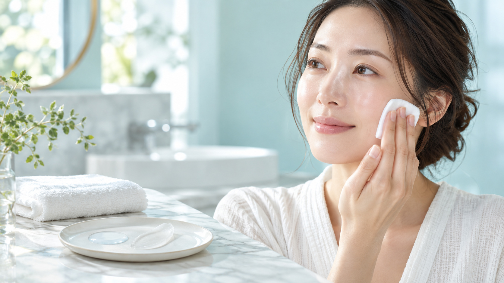 女性がコットンで肌を整え、水分とクリームの組み合わせをイメージしたケア風景