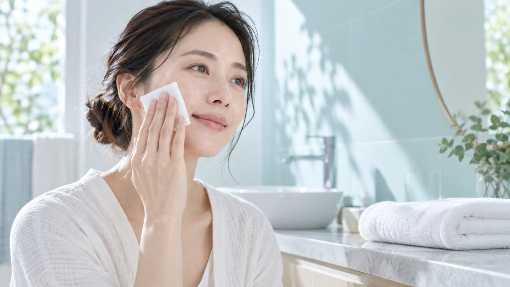女性がコットンを頬にやさしく滑らせてスキンケアをしている様子