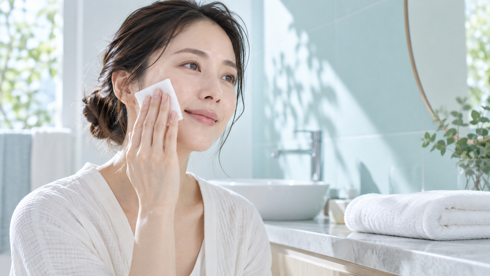 女性がコットンを頬にやさしく滑らせてスキンケアをしている様子