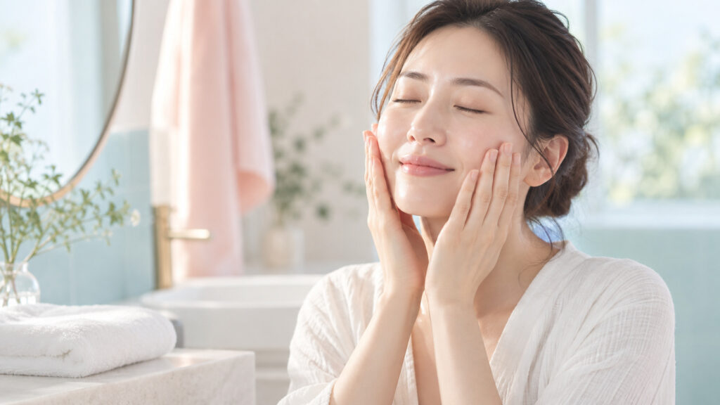 女性が両手で頬をやさしく包み込む敏感肌向けのスキンケア風景