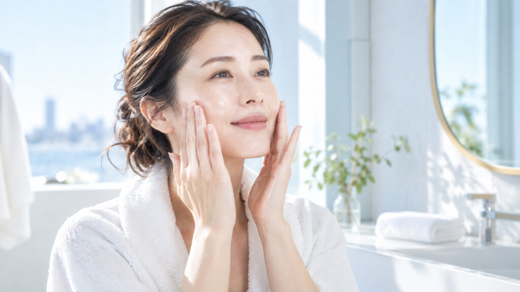 朝の明るい洗面台で女性が顔全体に日中用の保湿ケアをやさしくなじませている様子