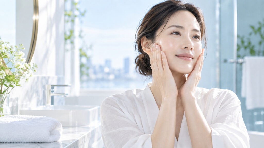 朝の洗面台で女性がスキンケアの仕上げに両手で頬を包み込んでいる様子