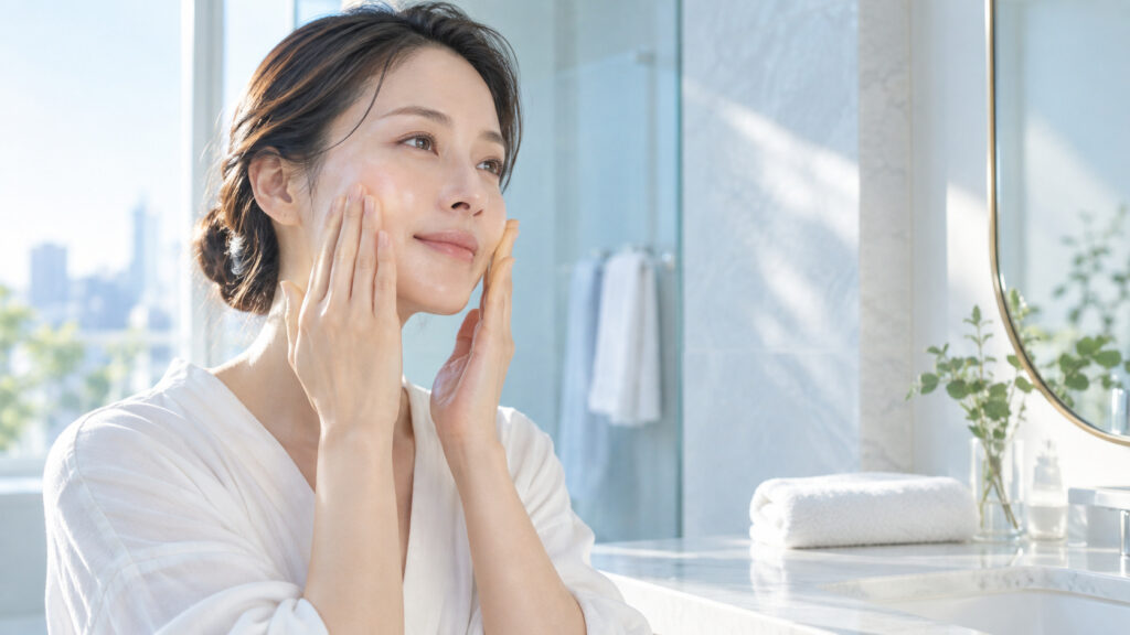 朝の洗面台で女性が肌にやさしく日中用ケアをなじませている様子