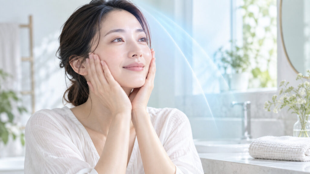 女性が両手で頬をやさしく包み込む敏感肌向けの日中ケア風景