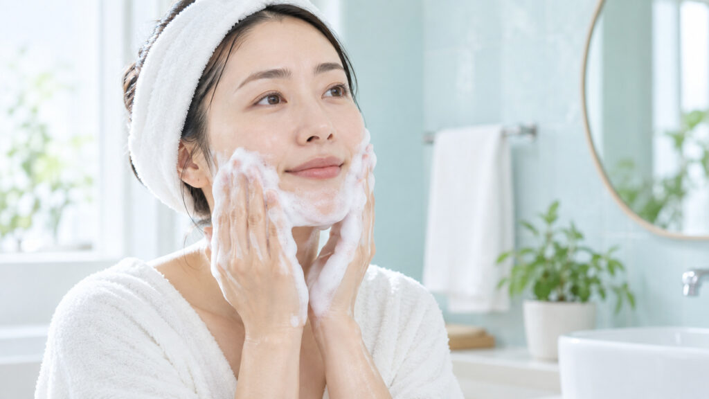 女性がたっぷりの泡で口周りをやさしく洗顔している様子