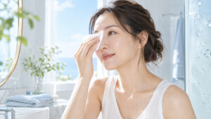 女性がティッシュでTゾーンの余分な皮脂をやさしく押さえている様子