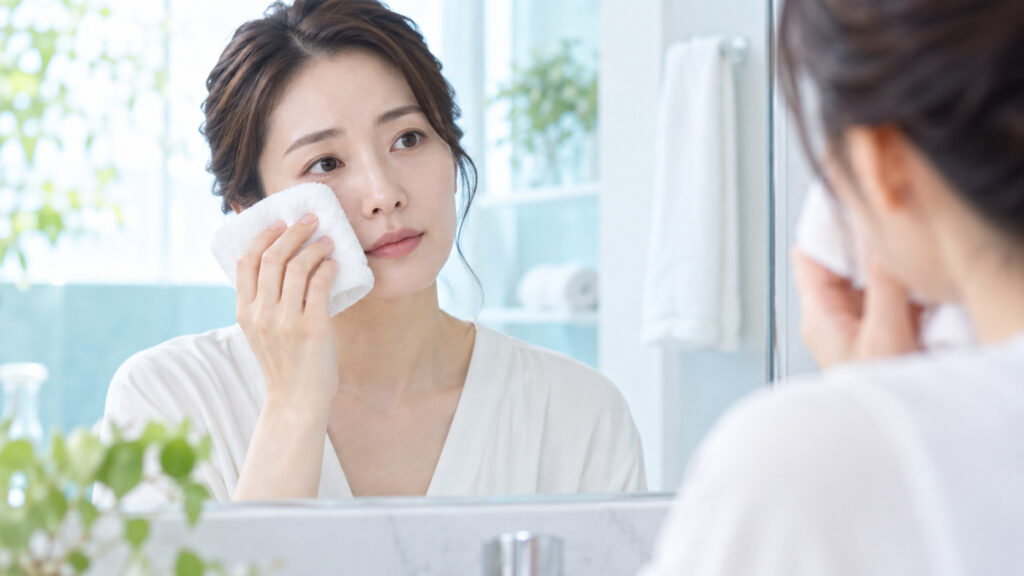 女性が鏡を見ながら目の下に冷たいタオルをそっと当てている様子