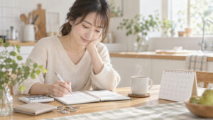 女性がノートとカレンダーを見ながら毎日の美容習慣と費用を確認している様子