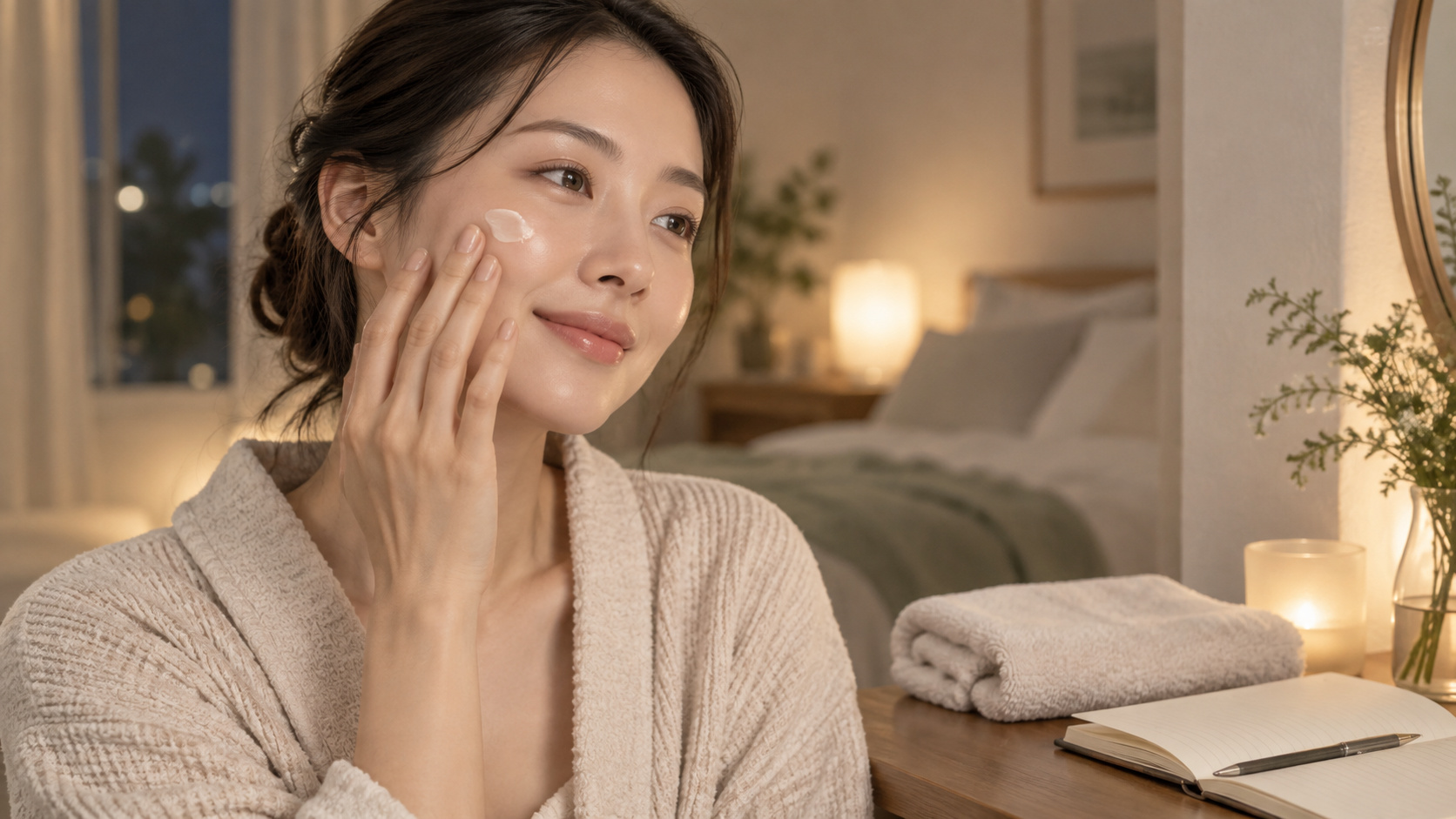 女性が夜の部屋で頬に少量の保湿剤をやさしくなじませている様子
