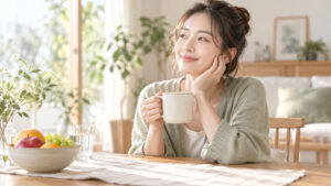 女性が温かいマグカップを手に頬へそっと触れながら美容習慣を考えている様子