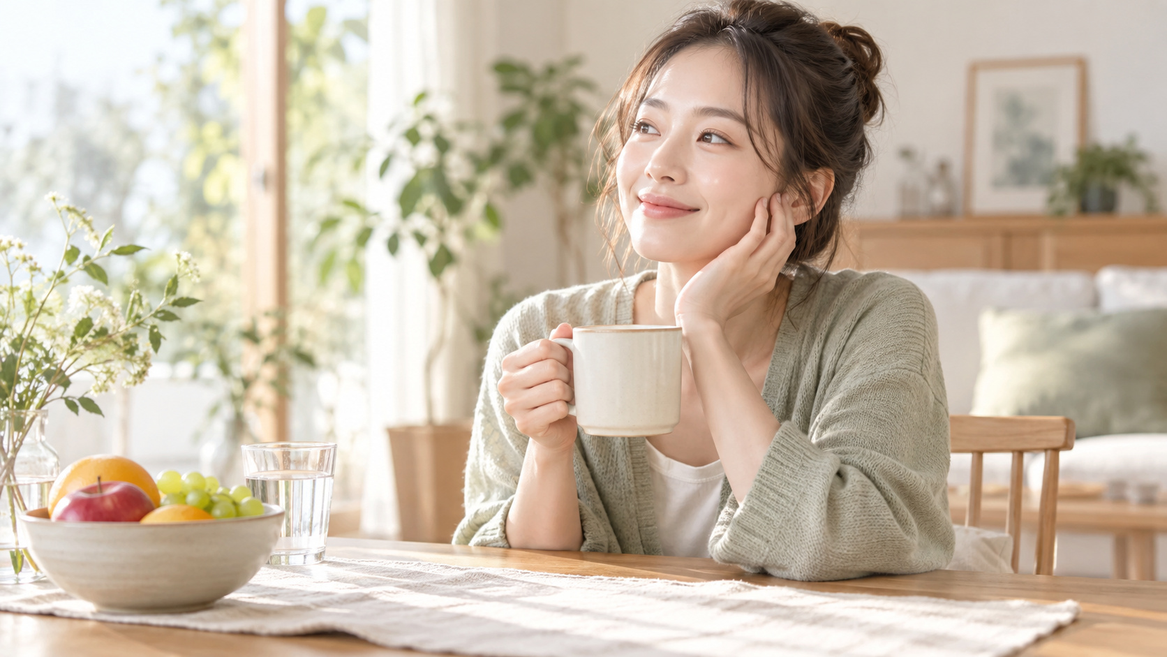 女性が温かいマグカップを手に頬へそっと触れながら美容習慣を考えている様子