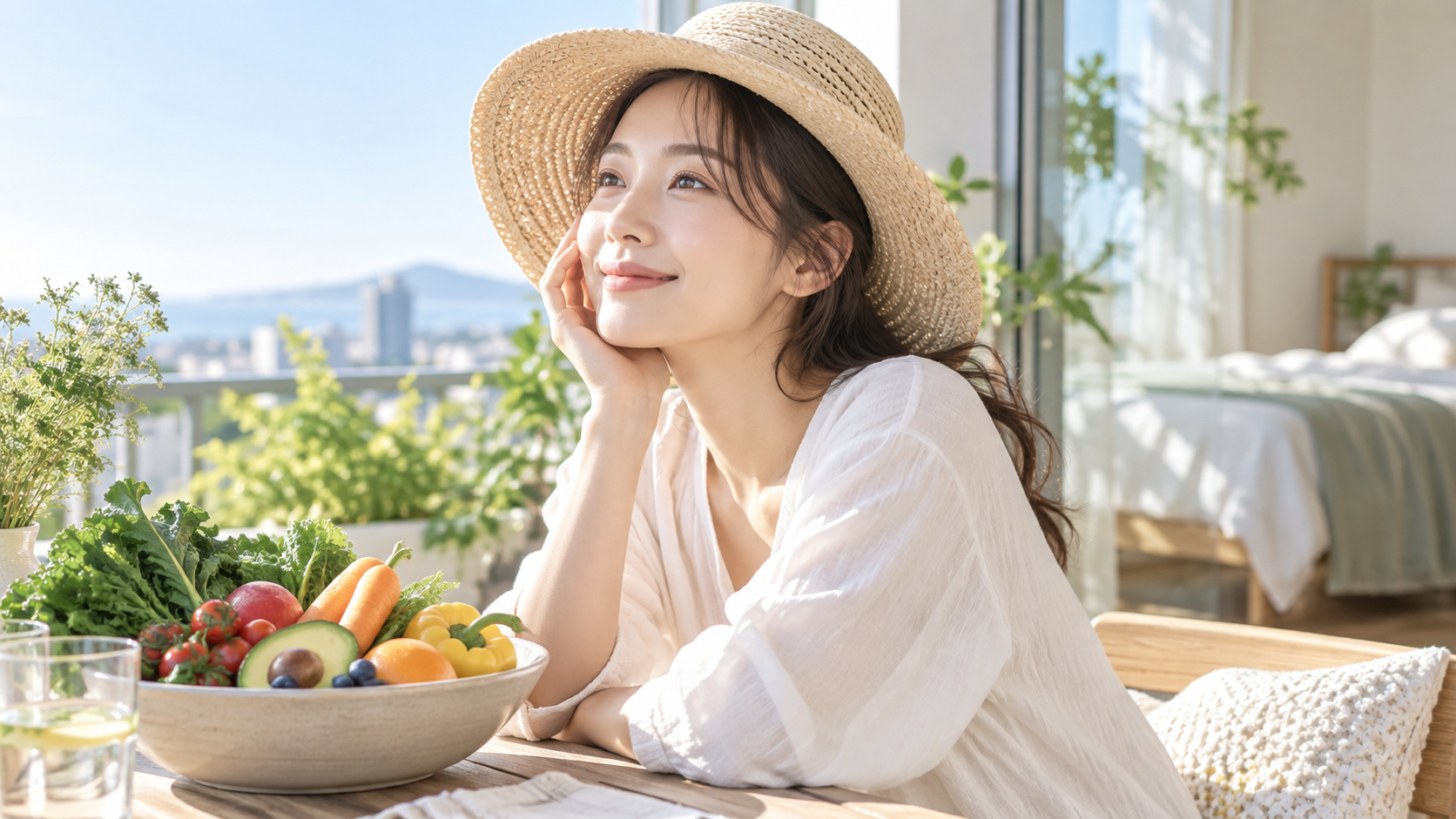女性が日差しの入る窓辺で頬にそっと触れながら健康的な食事と紫外線対策を意識している様子