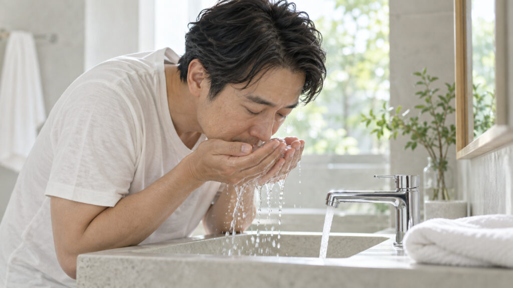 40代の男性が明るい洗面所で手にすくったぬるま湯で顔をやさしく洗っている様子