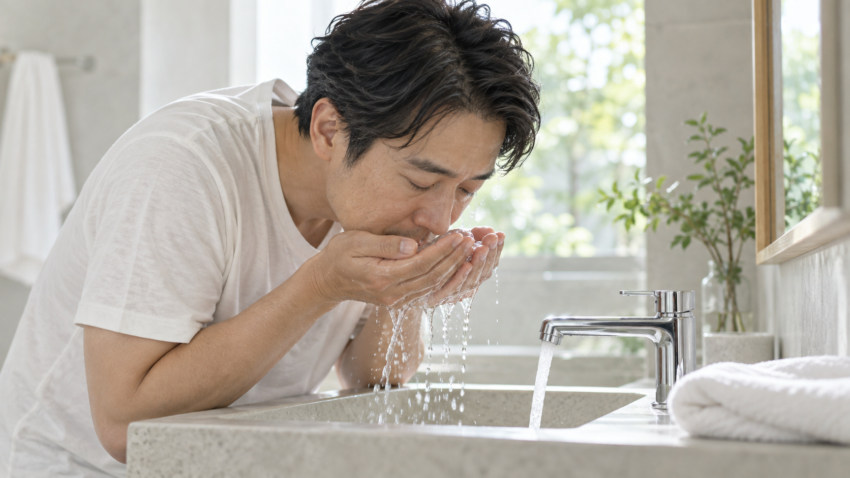 40代の男性が明るい洗面所で手にすくったぬるま湯で顔をやさしく洗っている様子