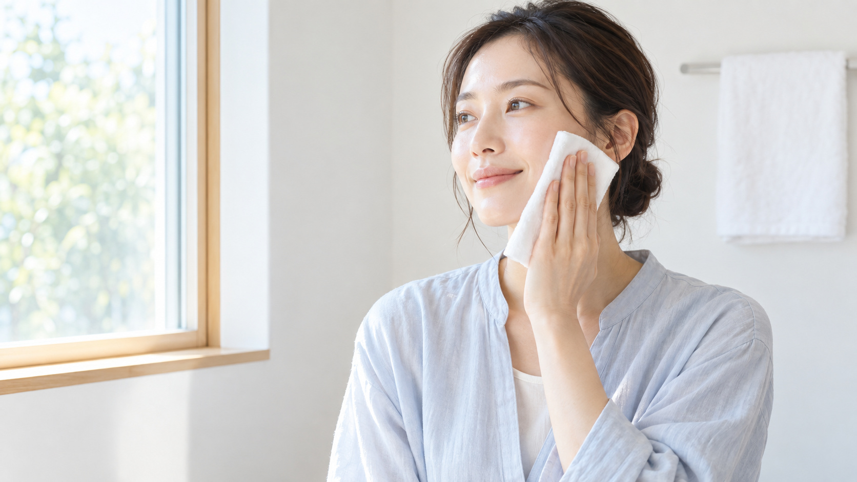 女性が朝の明るい洗面所で柔らかな白いシートを頬にそっと押し当てている様子