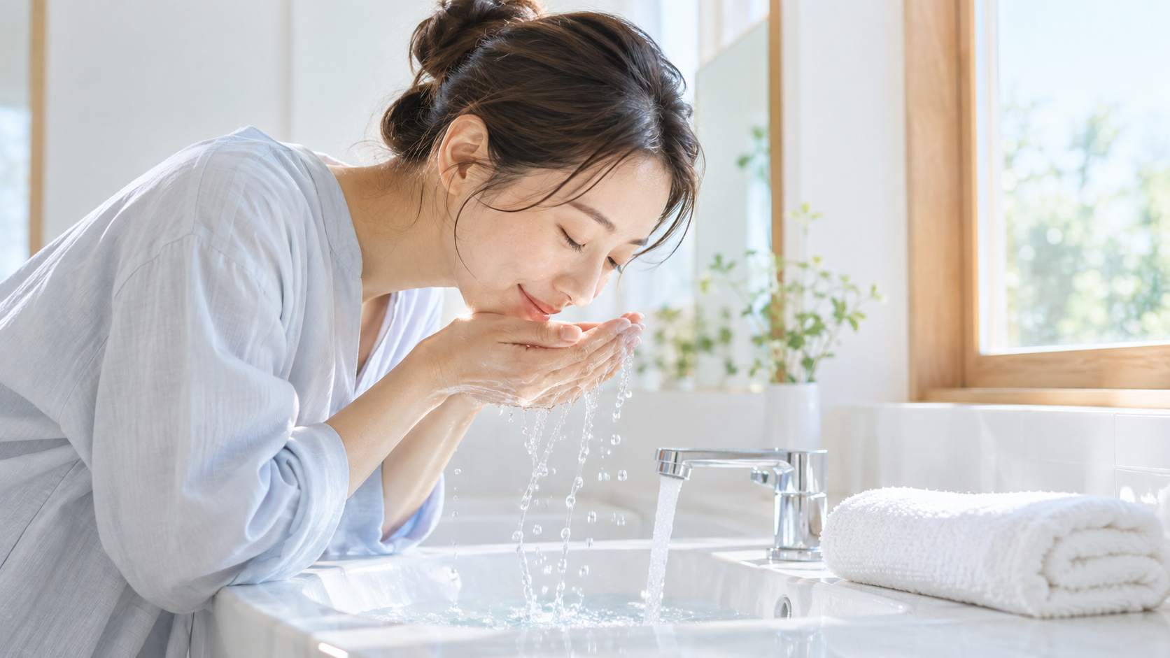 女性が明るい朝の洗面所で手にすくったぬるま湯で顔をやさしく洗っている様子