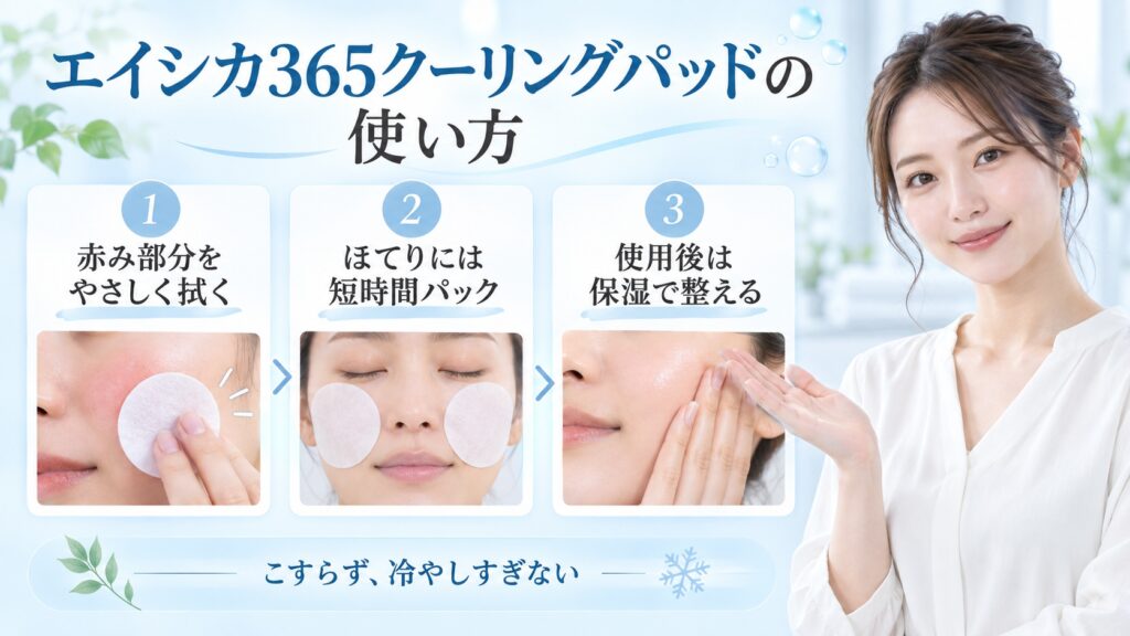 エイシカ365クーリングパッドの使い方を3ステップで示す美容ボード
