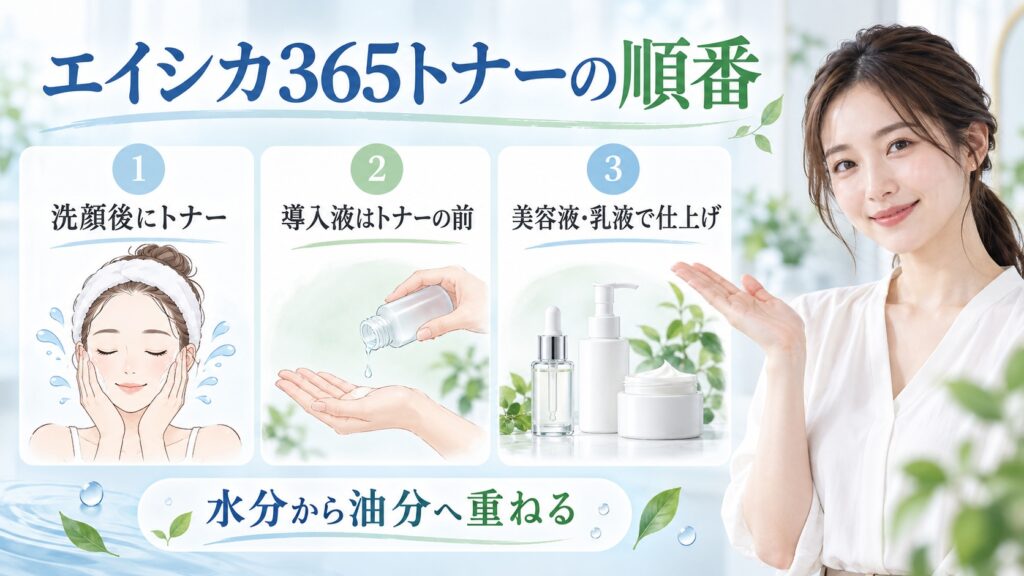 エイシカ365トナーと導入液・美容液・乳液の順番を3ステップで示す美容ボード