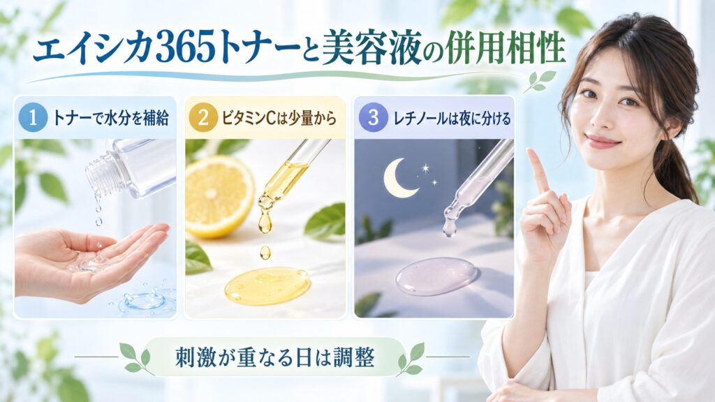 エイシカ365トナーとビタミンC・レチノールの併用相性を3ステップで示す美容ボード