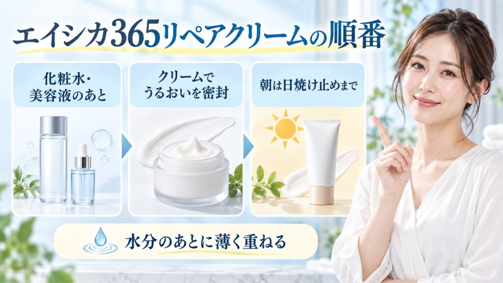 エイシカ365リペアクリームと化粧水・美容液・日焼け止めの順番を3ステップで示す美容ボード