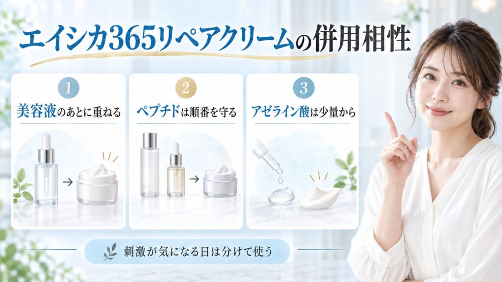 エイシカ365リペアクリームとペプチド・アゼライン酸の併用相性を3ステップで示す美容ボード