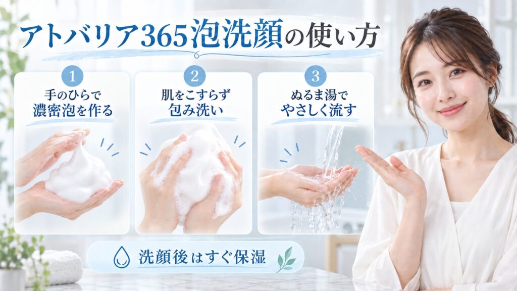 アトバリア365泡洗顔の使い方を3ステップで示す美容ボード