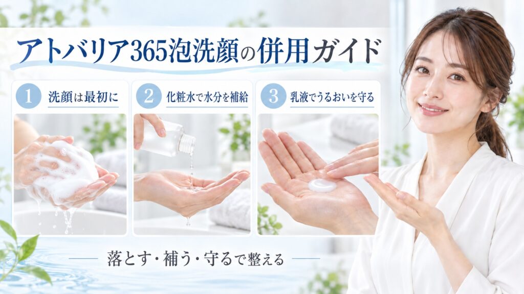 アトバリア365泡洗顔と化粧水・乳液の併用手順を3ステップで示す美容ボード