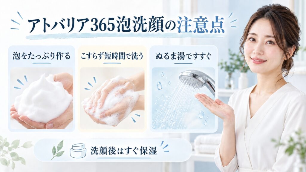 アトバリア365泡洗顔の注意点を3ステップで示す美容ボード