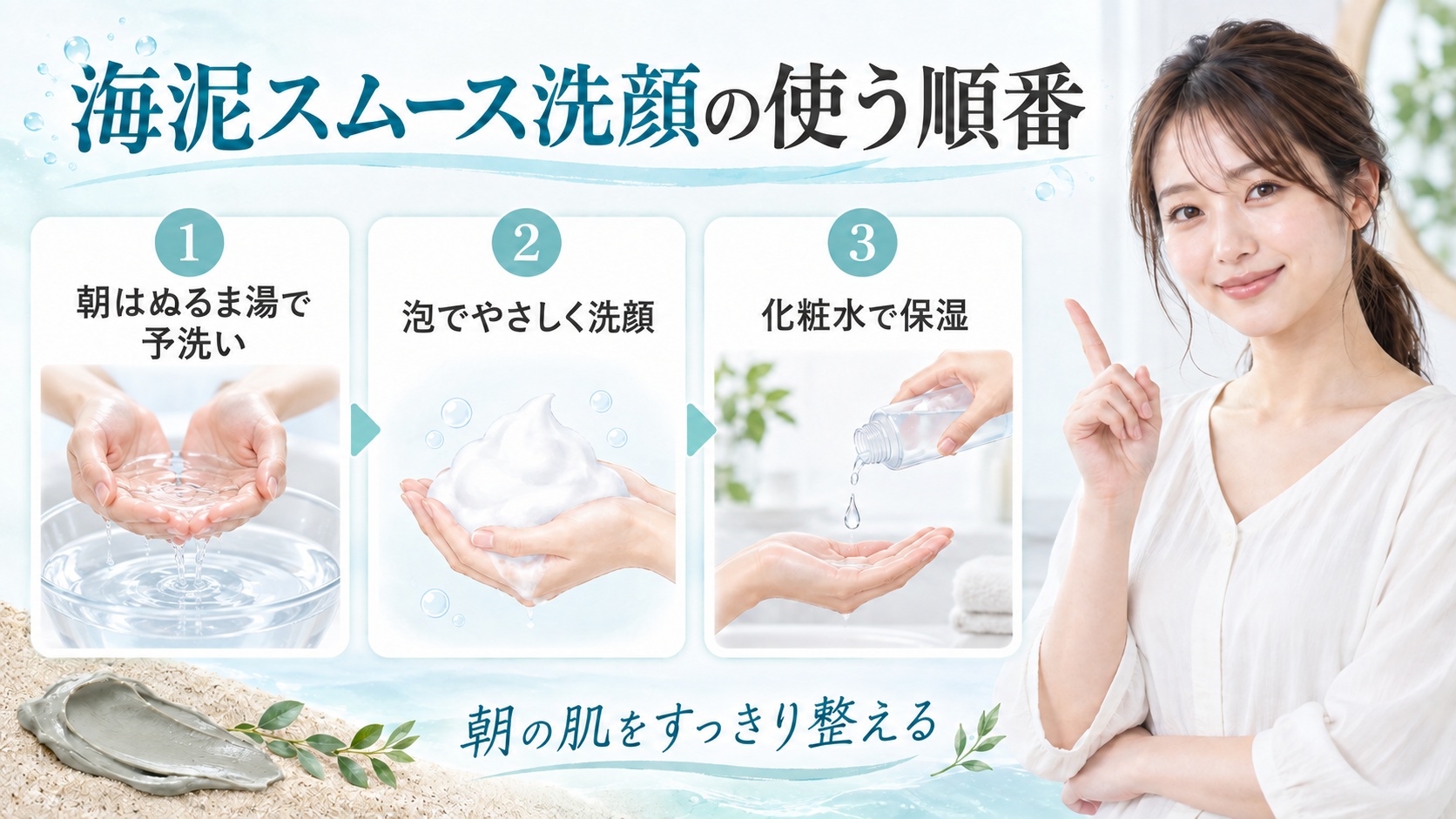 海泥スムース洗顔の使う順番を3ステップで示す美容ボード