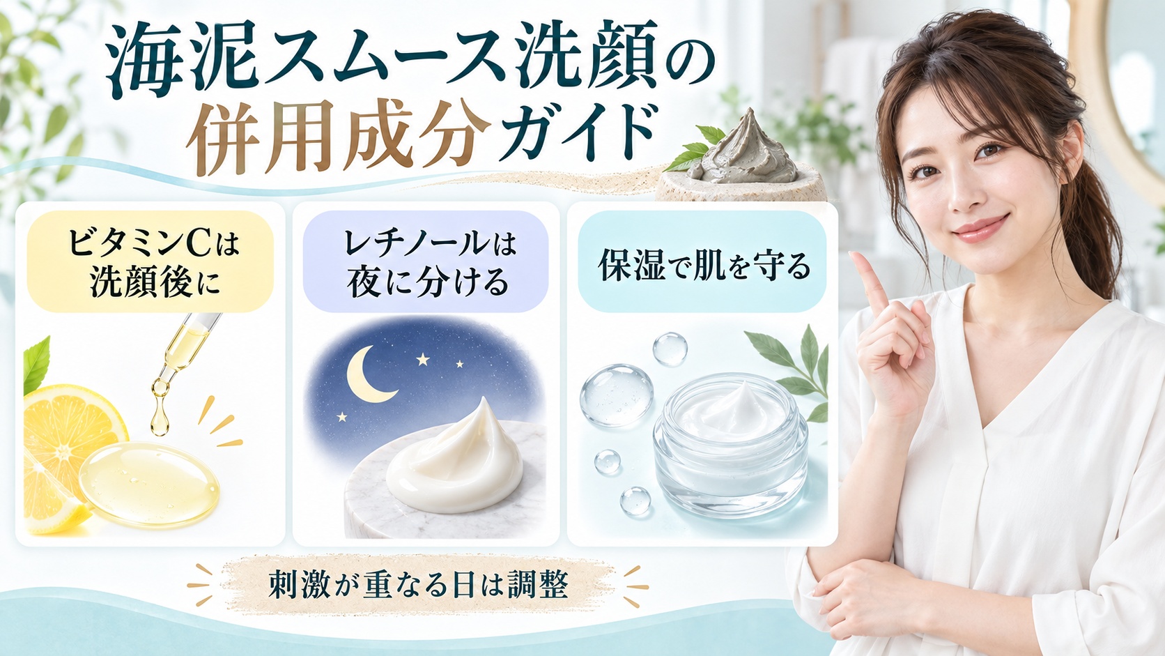 海泥スムース洗顔とビタミンC・レチノールの併用成分を3ステップで示す美容ボード