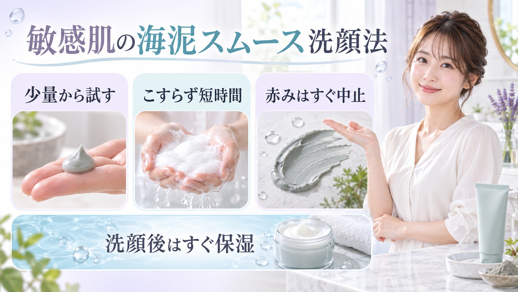 敏感肌向けの海泥スムース洗顔法を3ステップで示す美容ボード