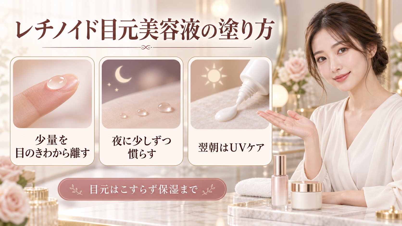 レチノイド目元美容液の塗り方を3ステップで示す美容ボード