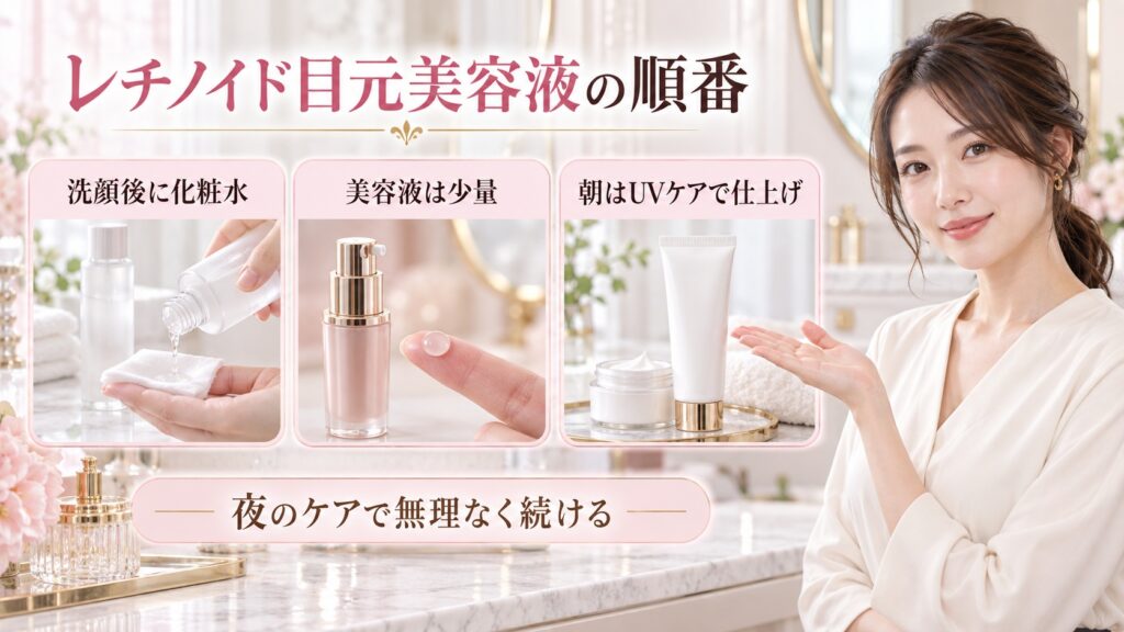 レチノイド目元美容液の朝夜の順番を3ステップで示す美容ボード