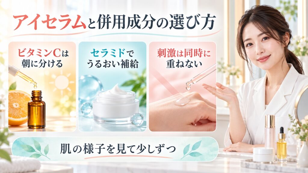 アイセラムとビタミンC・セラミドの併用方法を3ステップで示す美容ボード