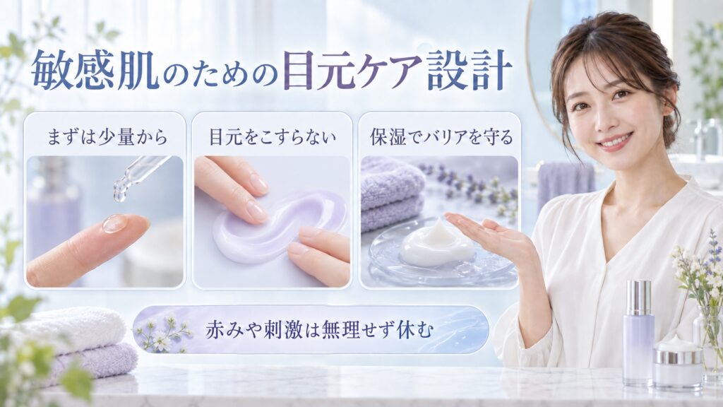 敏感肌のための目元ケア設計を3ステップで示す美容ボード