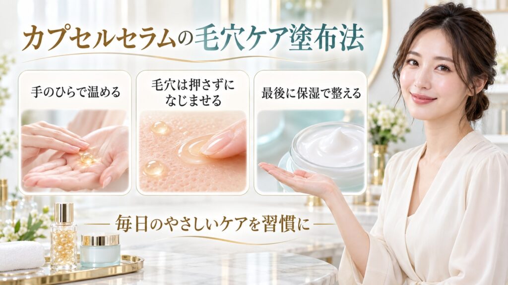 カプセルセラムの毛穴ケア塗布法を3ステップで示す美容ボード