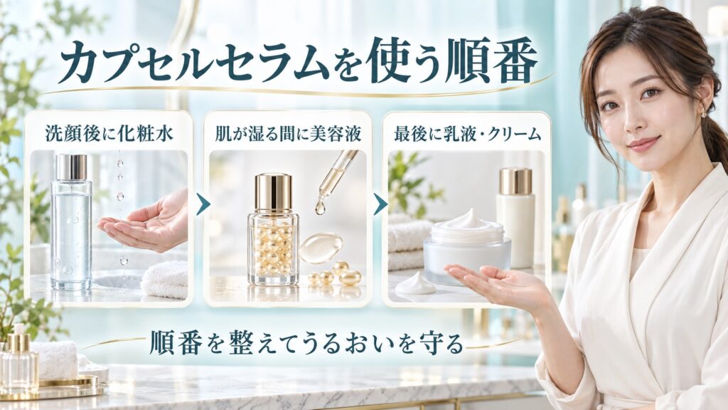 カプセルセラムを使う順番を3ステップで示す美容ボード