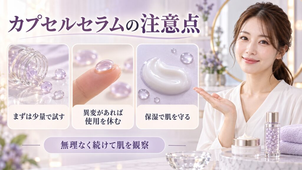 カプセルセラムの注意点を3ステップで示す美容ボード