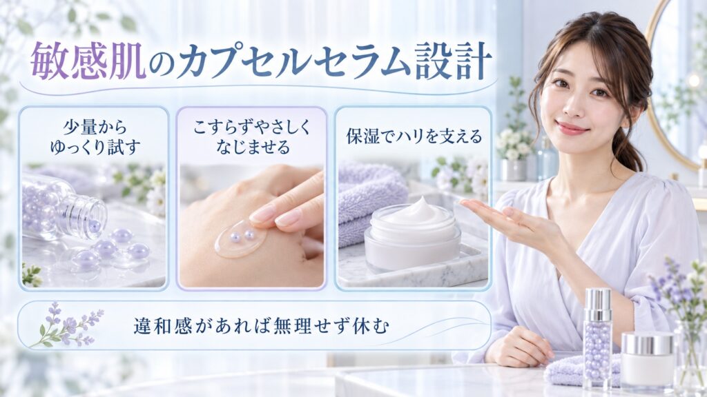 敏感肌のカプセルセラム設計を3ステップで示す美容ボード
