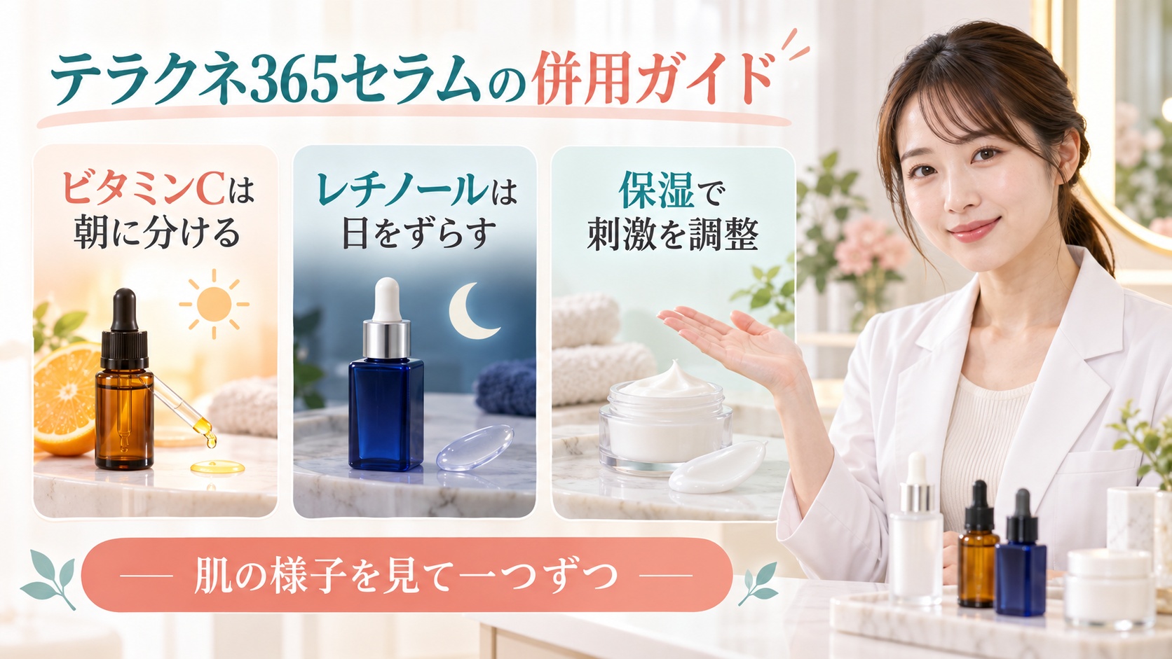 テラクネ365セラムとビタミンC・レチノールの併用方法を3ステップで示す美容ボード