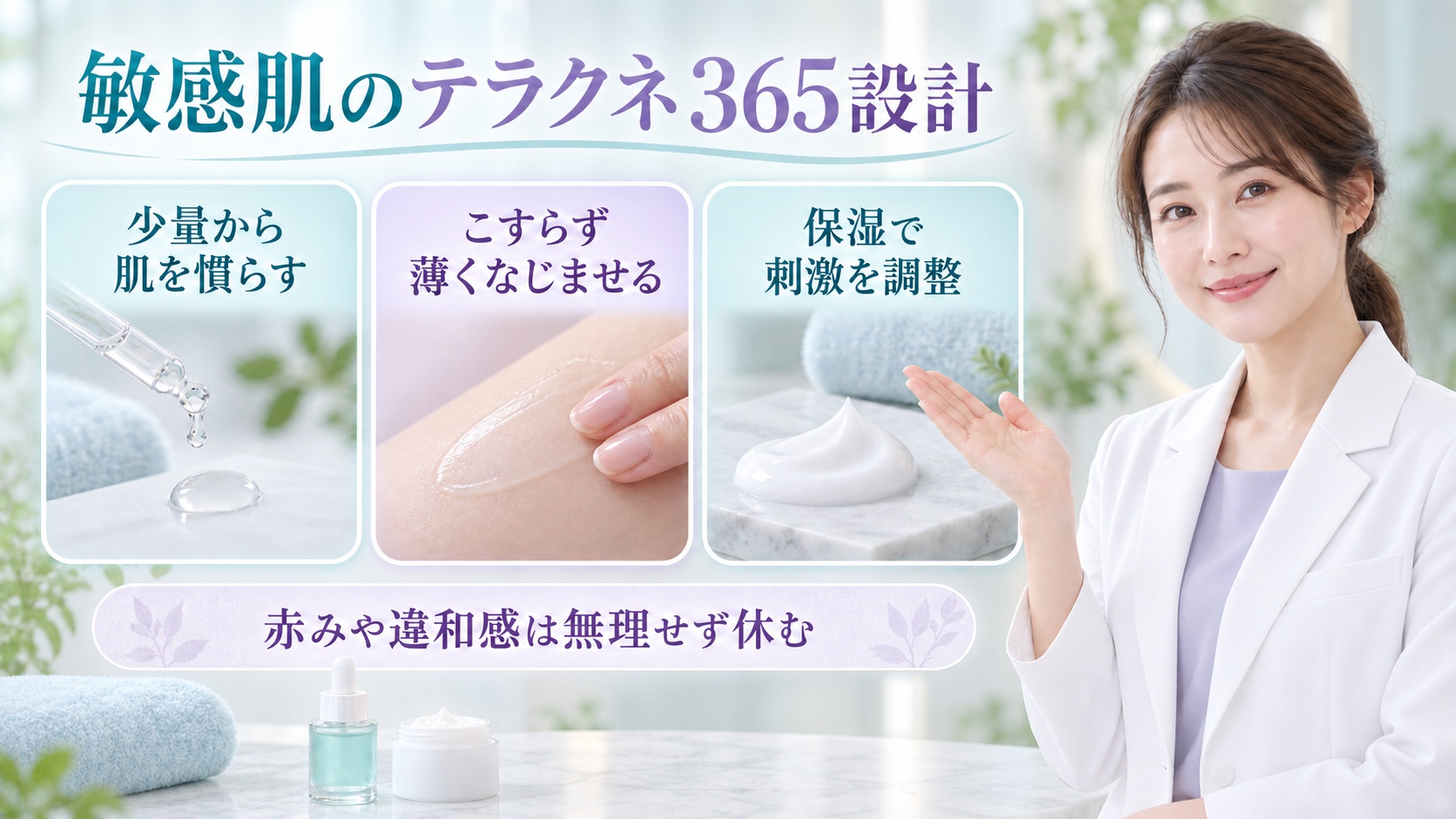 敏感肌のテラクネ365設計を3ステップで示す美容ボード