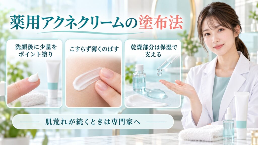 薬用アクネクリームの塗布法を3ステップで示す美容ボード