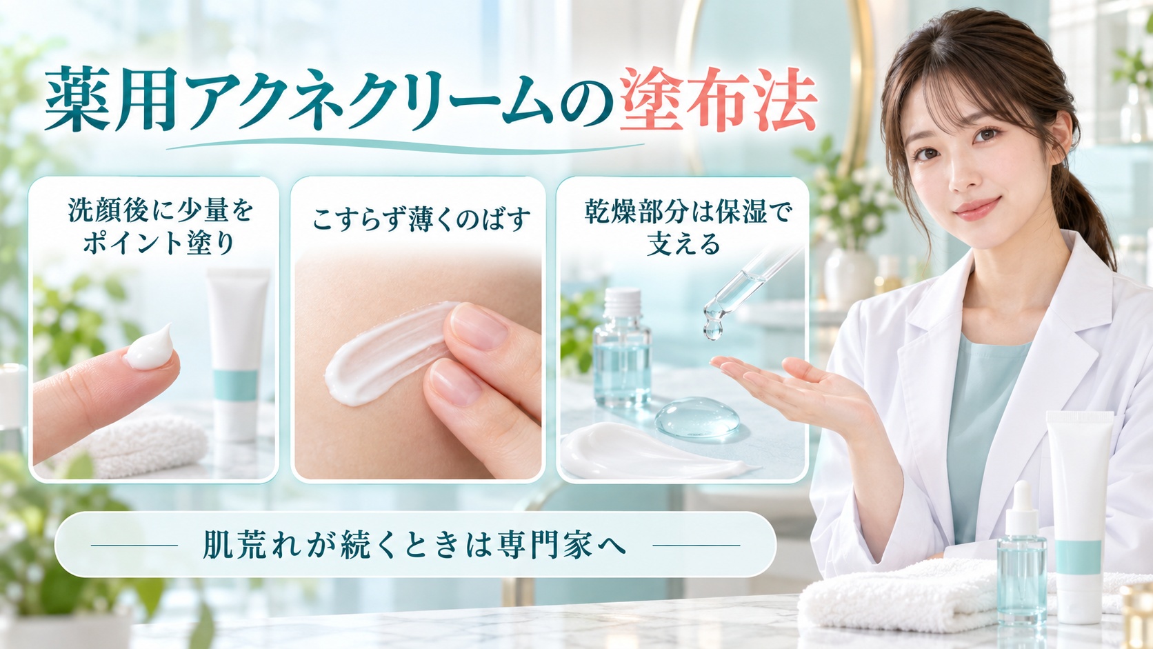 薬用アクネクリームの塗布法を3ステップで示す美容ボード
