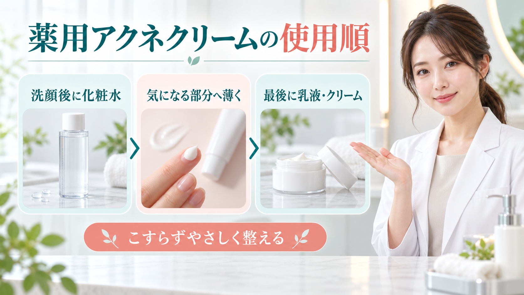 薬用アクネクリームの使用順を3ステップで示す美容ボード
