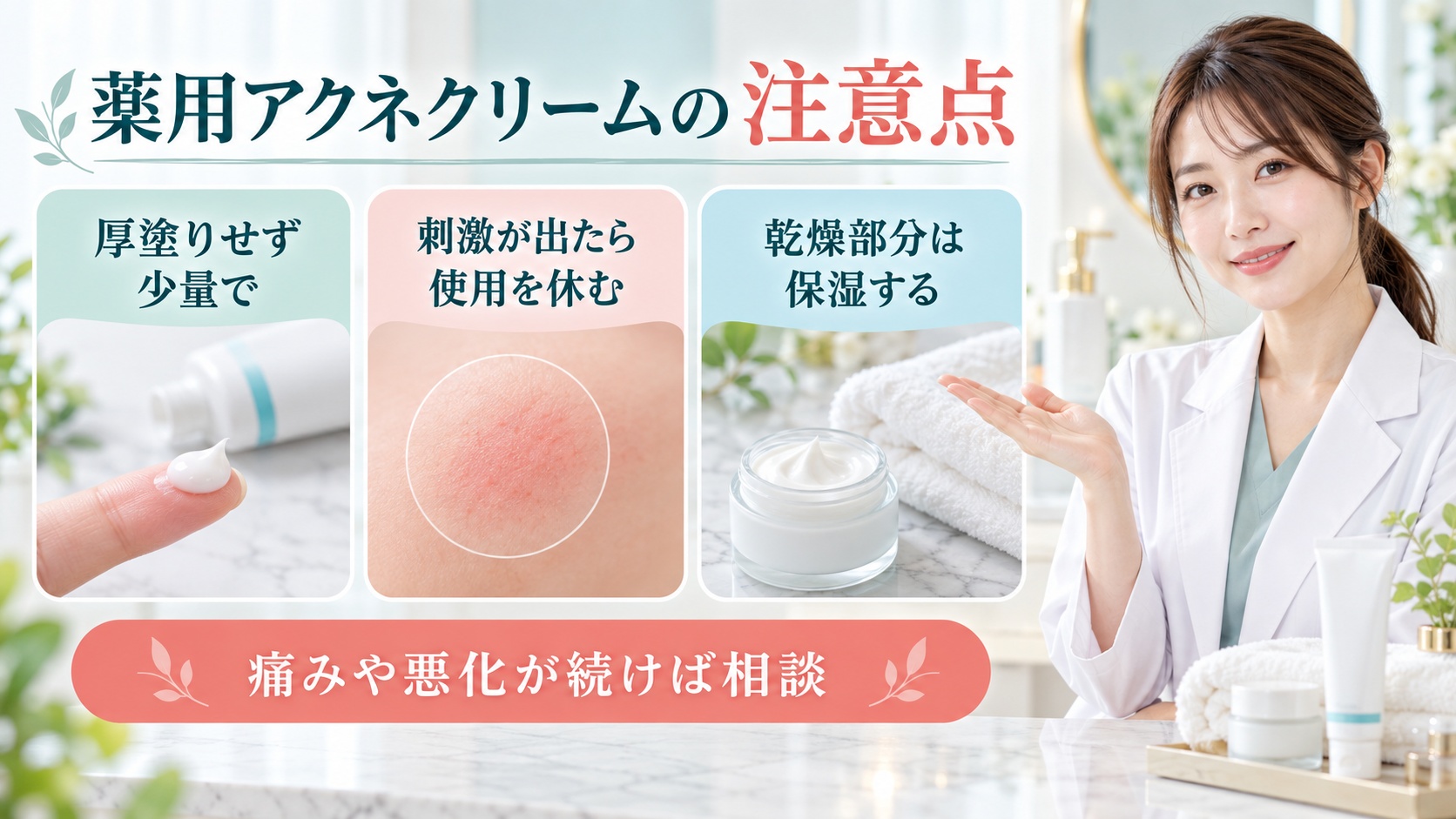 薬用アクネクリームの注意点を3ステップで示す美容ボード