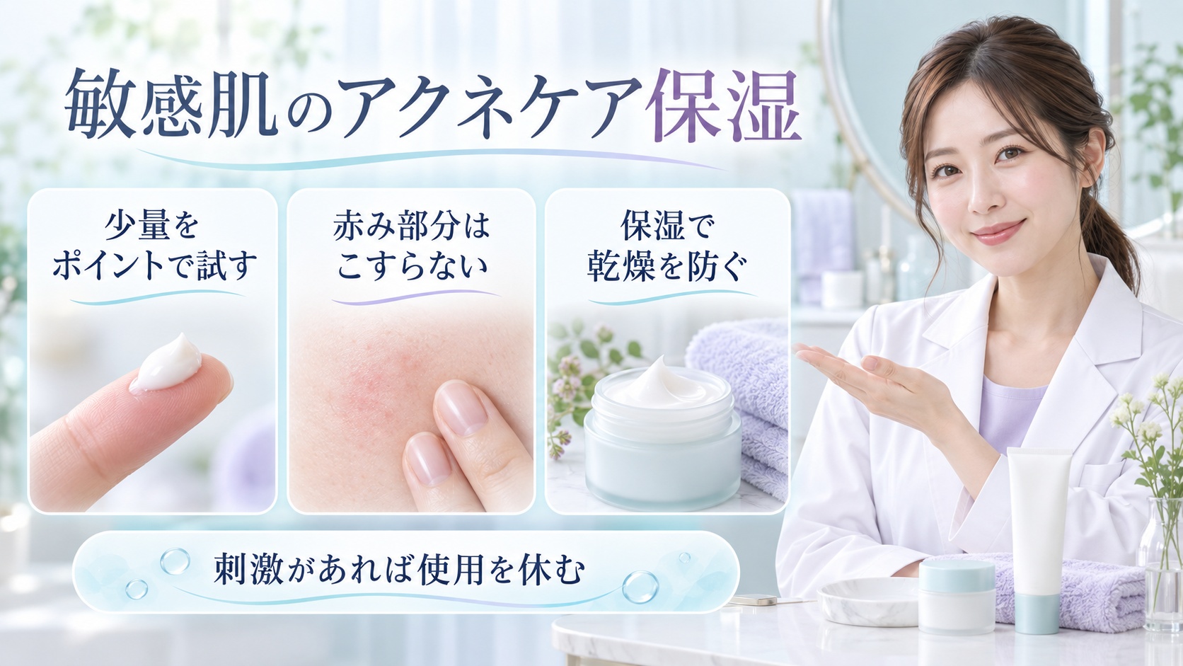 敏感肌のアクネケア保湿を3ステップで示す美容ボード