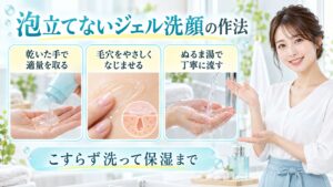 泡立てないジェル洗顔の作法を3ステップで示す美容ボード