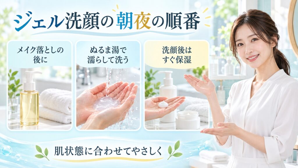 ジェル洗顔の朝夜の順番を3ステップで示す美容ボード