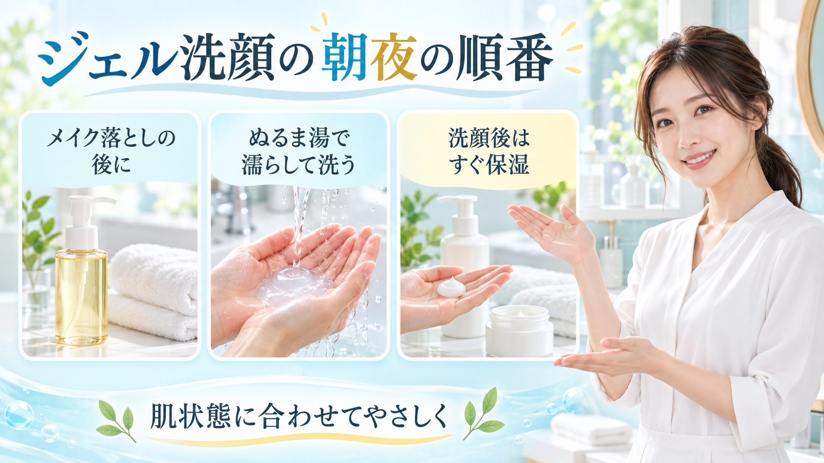 ジェル洗顔の朝夜の順番を3ステップで示す美容ボード